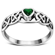 Celtic Knot Green CZ Heart Silver Ring, r537